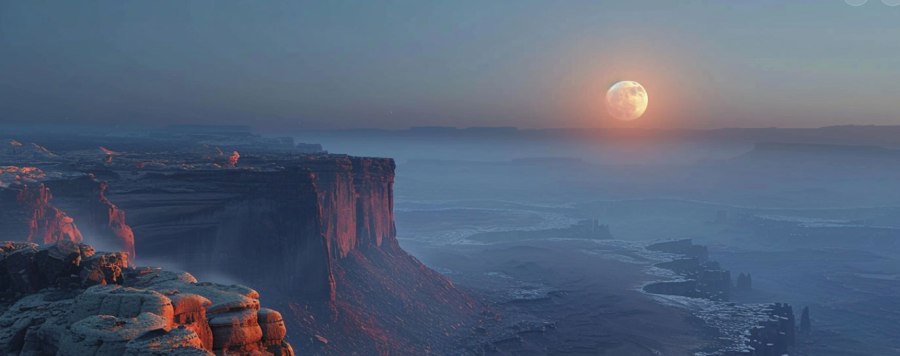 Blue Canyon photo, misty moon setting in the distance