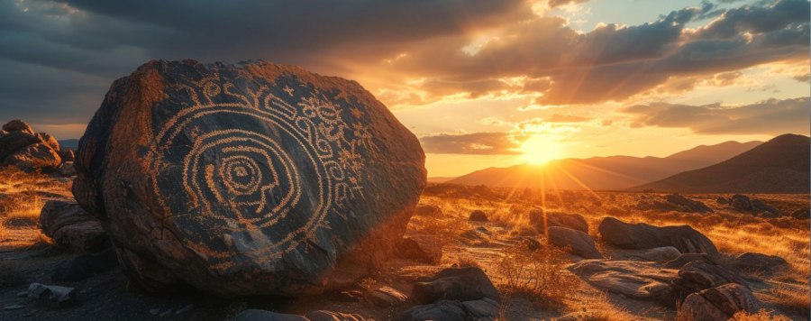 Sunset in the desert with a large rock in the foreground carved with ancient symbols